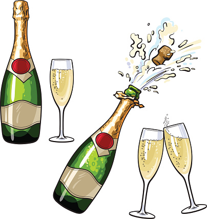 Champagne bottle and glasses, set of cartoon vector illustrations isolated on white background. Closed and open champagne bottle and glasses, holiday toast, cork jumping out with explosion