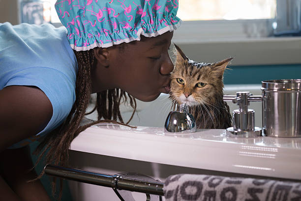 Young Girl Grooming her Cat