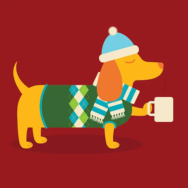 Vector illustration of Dachshund with Hot Cocoa