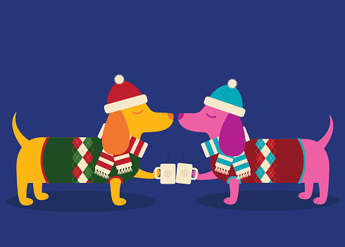 A vector illustration of two dapper dachshunds in sweaters toasting with hot cocoa. Objects are grouped and layered for easy editing.
