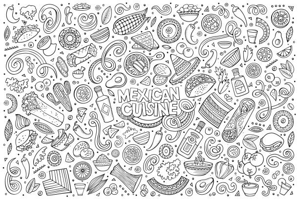 doodle cartoon-set von mexikanischen lebensmittel-objekte - mexikanische küche stock-grafiken, -clipart, -cartoons und -symbole