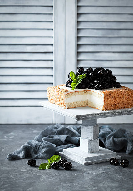 istock Coconut flour cake with cream and blackberries 613782742