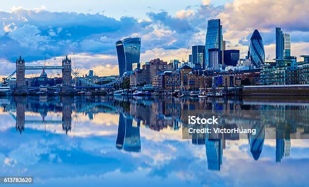 London Cityscape At Sunset Stock Photo - Download Image Now - London - England, Urban Skyline, Reflection