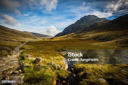 istock mountain path leading to lake at Cwm Idwal, Devils Kitchen 613786614
