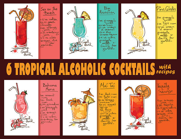 sada tropických alkoholických koktejlů s recepty. - koktejl modrá havaj stock ilustrace