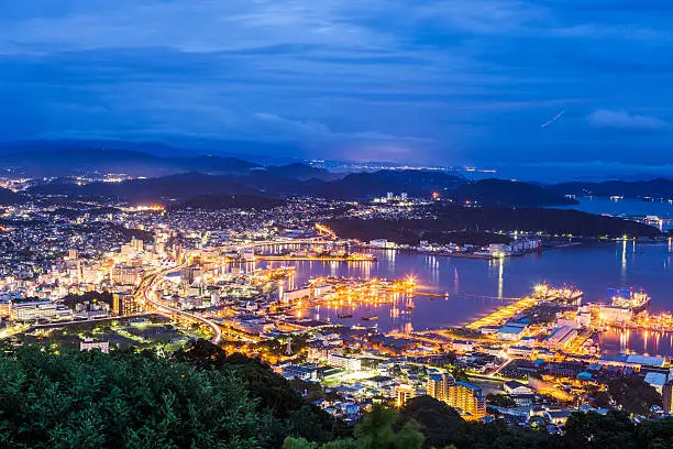 Sasebo downtown skyline at night, Nagasaki, Japan.