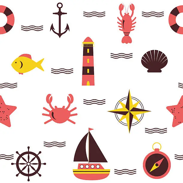 Vector illustration of Marine seamless pattern. Sea theme. Nautical background