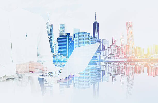 istock Man in white shirt and large city 613862136