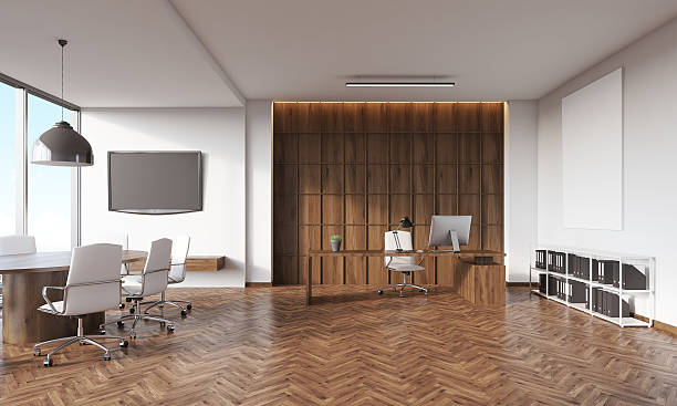 istock Interior of conference room with tv set 613862592