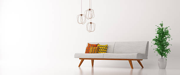 innenraum mit sofa über weißem panorama 3d rendering - lamp isolated decor lighting equipment stock-fotos und bilder
