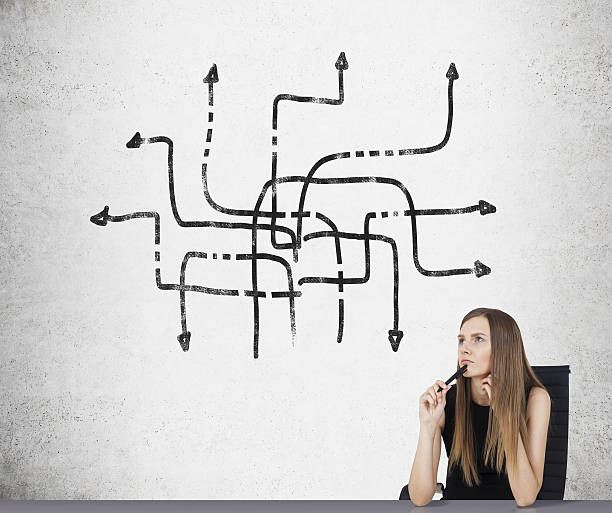 istock Sitting girl and arrow sketches 613864124