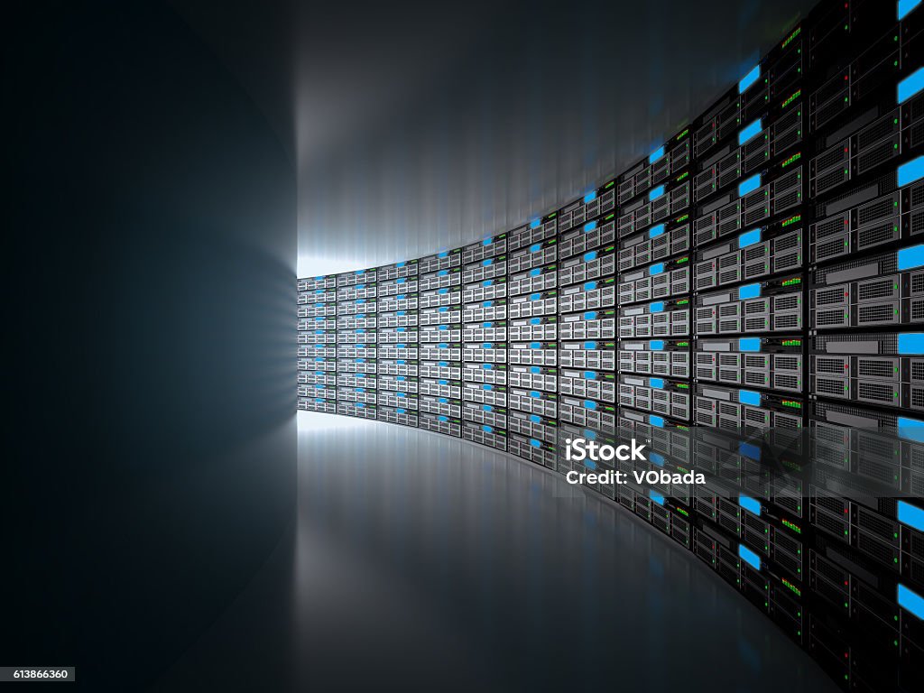 Server room Server room represented by several server racks with strong dramatic light. High resolution 3d render. Server Room Stock Photo