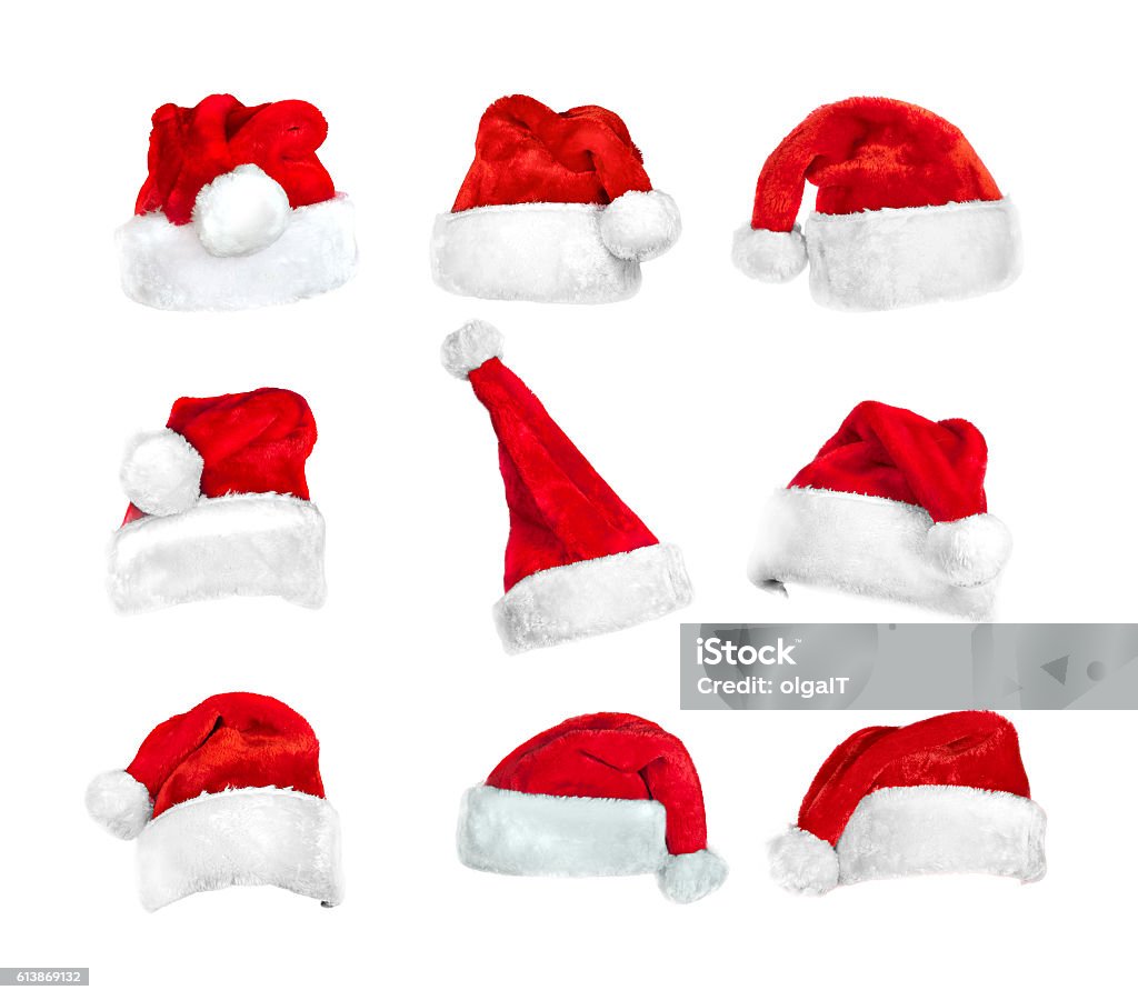 ensemble de chapeaux de Père Noël isolés sur blanc avec chemin d’écrêtage - Photo de Chapeau libre de droits