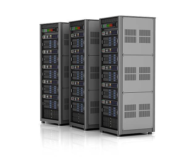Row of network servers in data center Row of network servers in data center isolated on white background . 3D illustration network server rack isolated three dimensional shape stock pictures, royalty-free photos & images