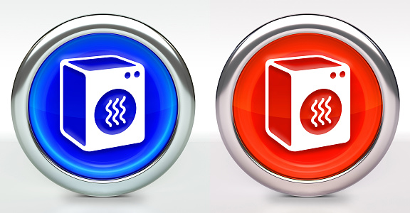 Dryer Icon on Button with Metallic Rim. The icon comes in two versions blue and red and has a shiny metallic rim. The buttons have a slight shadow and are on a white background. The modern look of the buttons is very clean and will work perfectly for websites and mobile aps.