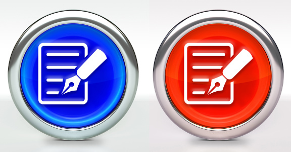 Paper Icon on Button with Metallic Rim. The icon comes in two versions blue and red and has a shiny metallic rim. The buttons have a slight shadow and are on a white background. The modern look of the buttons is very clean and will work perfectly for websites and mobile aps.