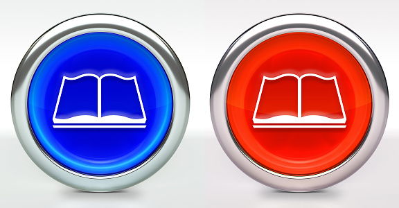 Book Reading Icon on Button with Metallic Rim. The icon comes in two versions blue and red and has a shiny metallic rim. The buttons have a slight shadow and are on a white background. The modern look of the buttons is very clean and will work perfectly for websites and mobile aps.