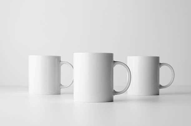 mug mock-up - three mugs - white coffee mug imagens e fotografias de stock