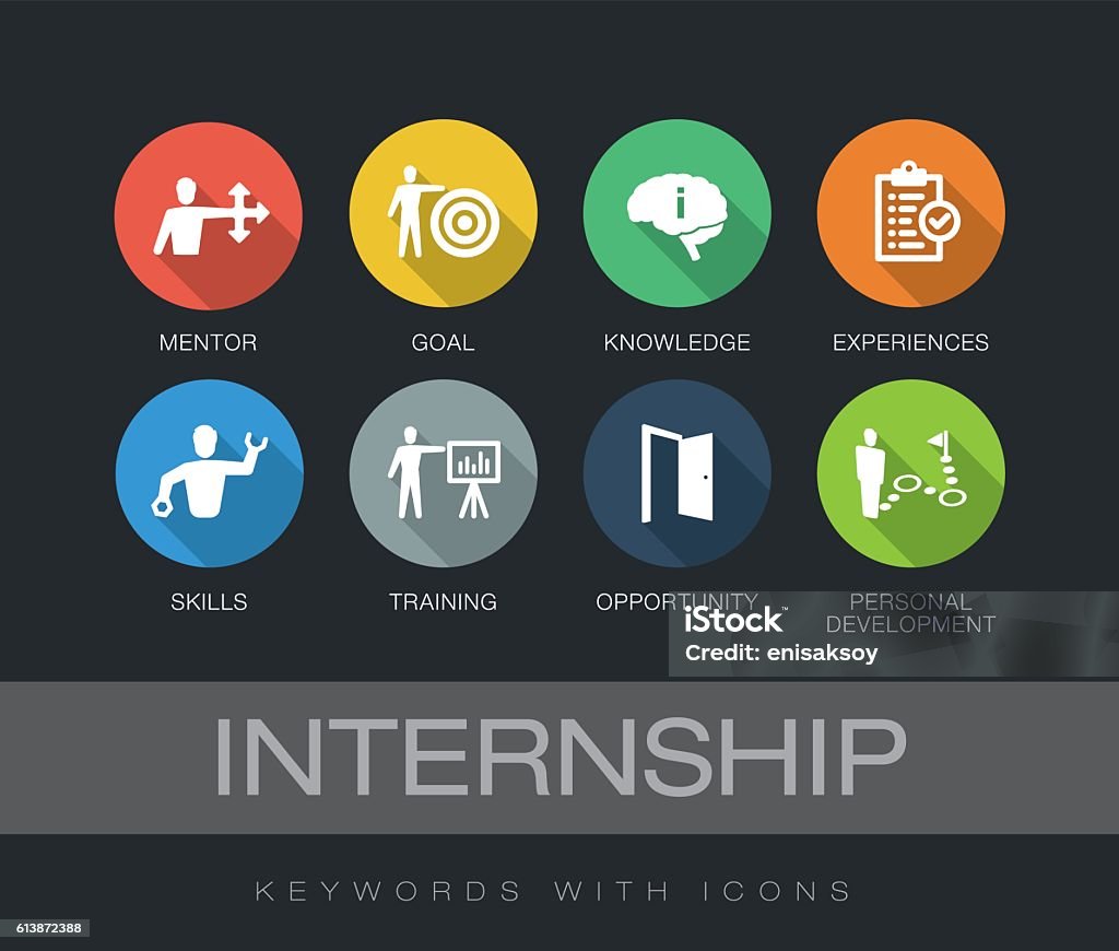 Internship keywords with icons Internship chart with keywords and icons. Flat design with long shadows Trainee stock vector