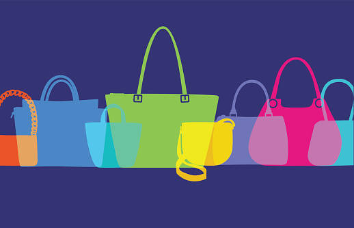 Colourful overlapping silhouettes of Womens Fashion Bags. EPS10, CS5 version in zip