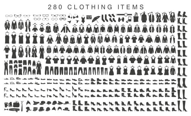 ilustrações, clipart, desenhos animados e ícones de silhuetas isoladas de roupas de homens e mulheres - skirt clothing vector personal accessory