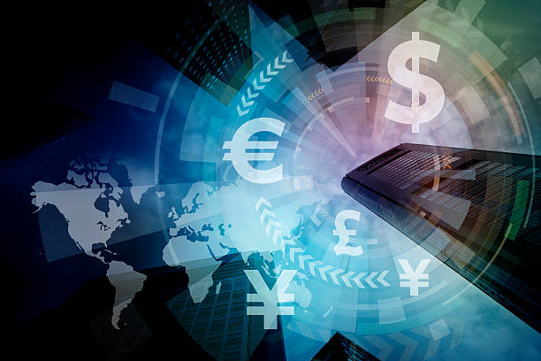 financial technology(fintech) and world economy - taxa de câmbio imagens e fotografias de stock