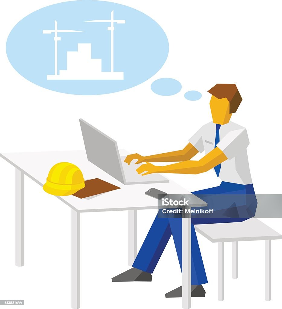Engineering Work Vector Engineer Work With Laptop And Thinking About Construction Stock ...