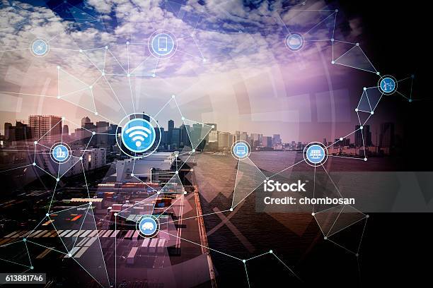 Smart Logistics And Wireless Communication Network Stock Photo - Download Image Now - Intelligence, Harbor, Internet of Things