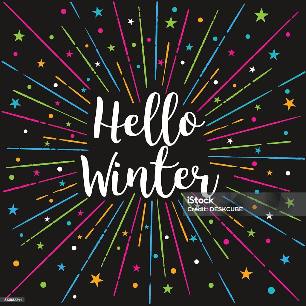 Hello Winter Text Color Sunburst.Vector Illustration Hello Winter Text Color Sunburst.Vector Lettering Card Illustration Design Calligraphy Style. Winter Season Card, People Greetings Art stock vector