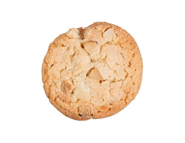 istock Whole white chocolate macadamia cookie isolated on white backgro 613882724