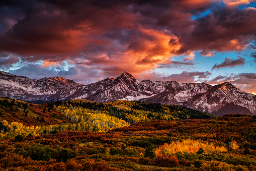 Dramatic sunset over Colorado's San Juan Mountains as seen from the Dallas Divide.