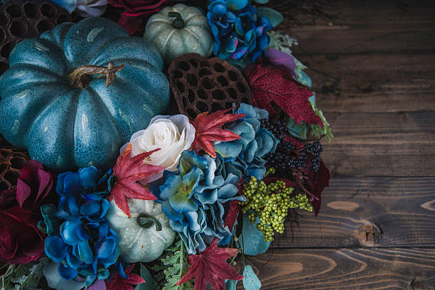 Ornate blue themed fall wreath with blue pumpkins