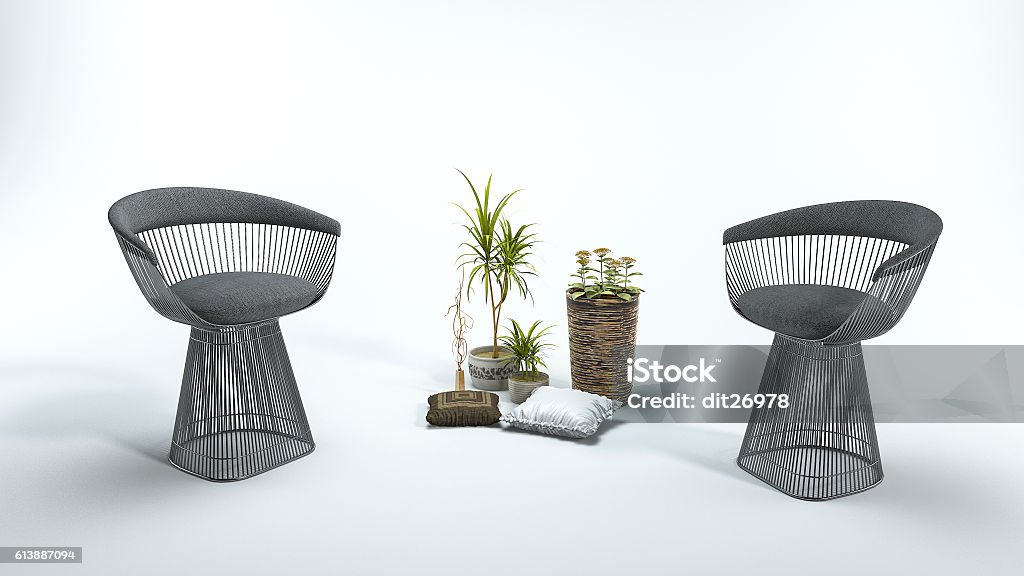3d rendering beautiful armchair with plant in white background 3d rendering by 3dsmax Spot Lit Stock Photo