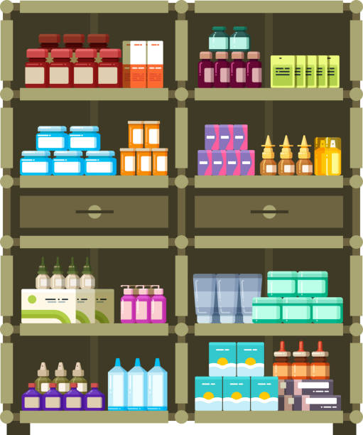 illustrations, cliparts, dessins animés et icônes de étagères de pharmacie avec boîte médicale et bouteilles pour médicaments plats - pill container