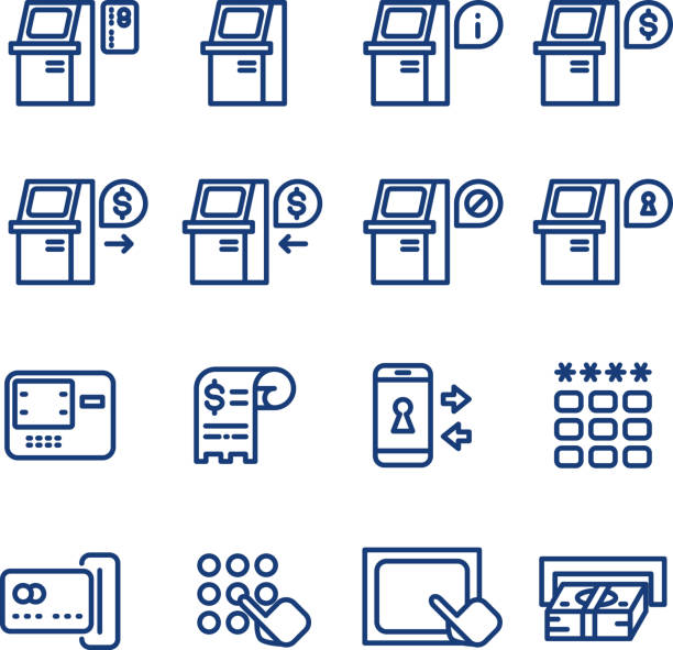 illustrations, cliparts, dessins animés et icônes de ensemble d’icônes de ligne mince vectorielle de terminal atm - distributeur automatique