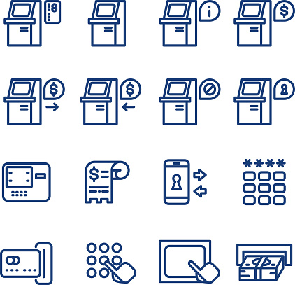 Atm terminal vector thin line icons set. Money and banking service, finance payment transaction illustration