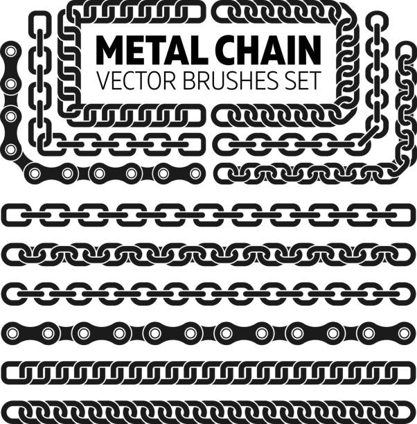 Metal chain links vector pattern brushes set Metal chain links vector pattern brushes set. Interlink border frame illustration chain object stock illustrations
