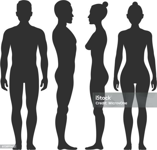 Man And Woman Vector Silhouettes In Front Side View Stock Illustration - Download Image Now