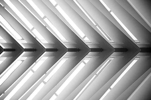 Close-up photo of roof structure or suspended lath ceiling Roof structure. Lath ceiling. Joist, rafter. Abstract black and white photo of contemporary architecture or interior fragment / detail. Geometric pattern with regular angular structure. parallel photos stock pictures, royalty-free photos & images