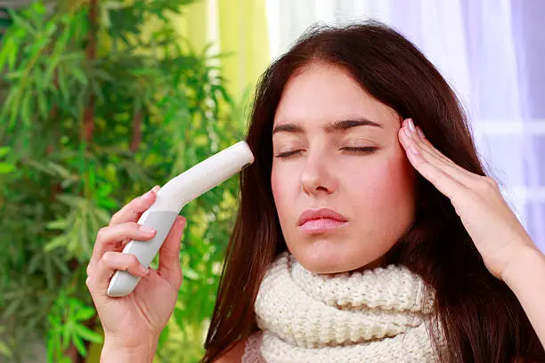 Photo of Woman with clinical thermometer