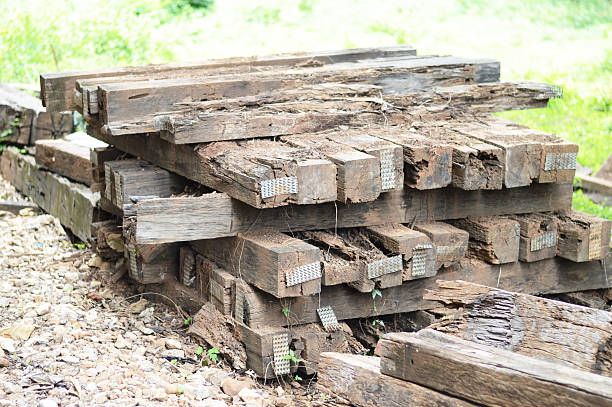 istock Group of old wooden sleeper 613895808