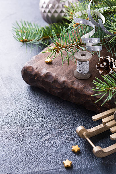 istock Christmas background with fir tree and decorations 613897478