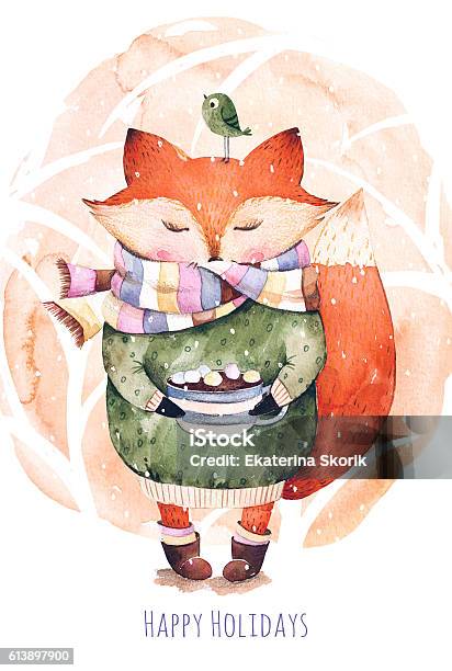 Cute Little Fox Just Like To Drink Hot Coffee Stock Illustration - Download Image Now - Animal, Bird, Chocolate