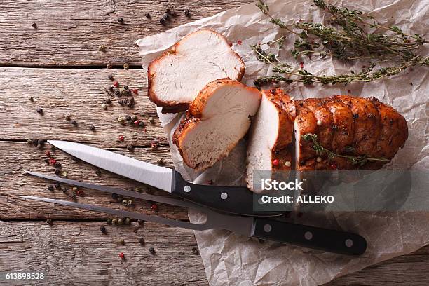 Rustic Food Roasted Turkey Breast On Table Horizontal Top View Stock Photo - Download Image Now