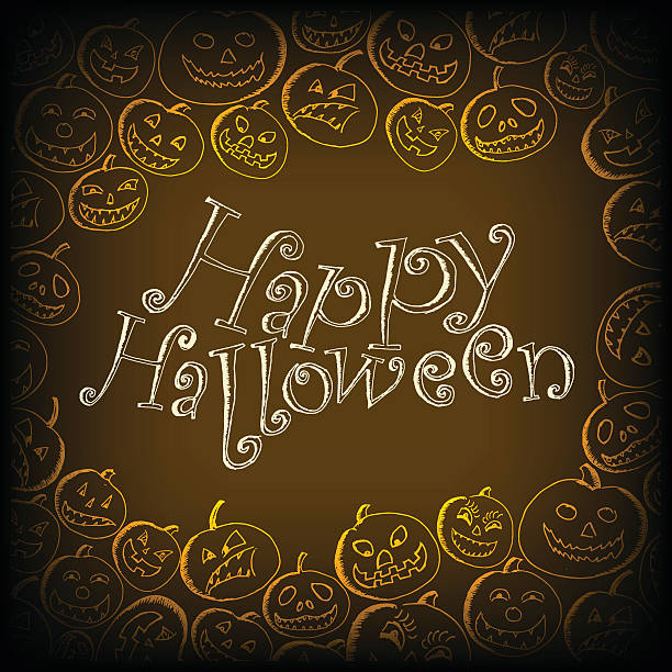 illustrazioni stock, clip art, cartoni animati e icone di tendenza di doodle felice halloween auguri carta - vignete