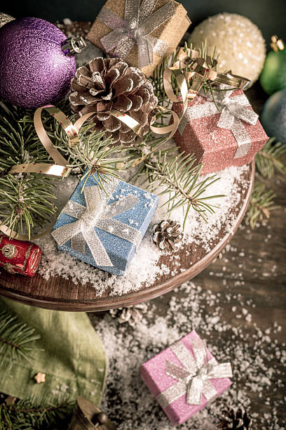 istock Christmas composition with presents and decoration 613898840