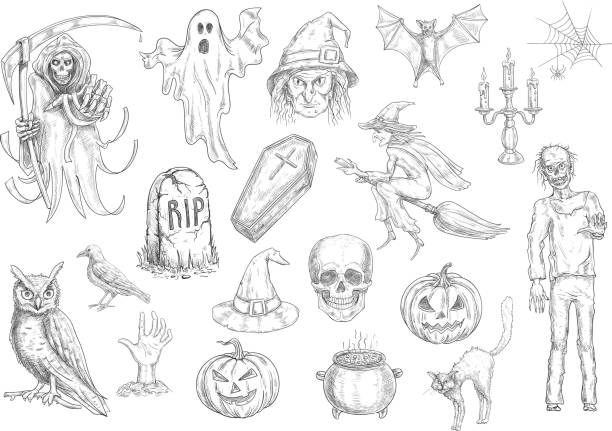 хэллоуин праздник жуткий и ужас эскиз символы - bat halloween human eye horror stock illustrations