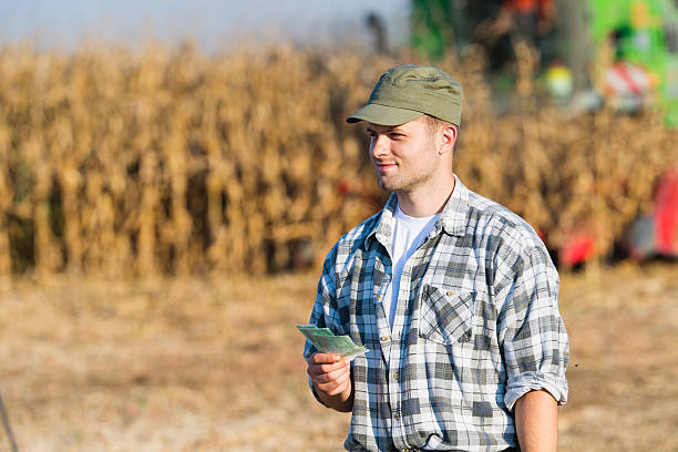 istock Happy farmer after harvest of corn 613900904