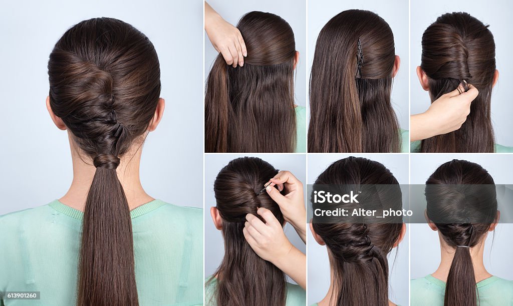 Hairstyle Ponytail With Twist Hair Tutorial Stock Photo - Download Image  Now - Hairstyle, Tutorial, Ponytail - iStock