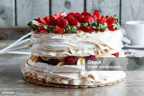 Meringue Cake With Custard And Strawberry Raspberry Stock Photo - Download Image Now